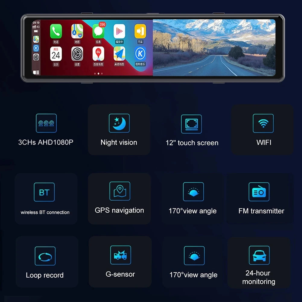 3-Camera Dash Cam CarPlay & Android Auto 2.5K – 12" Touch Screen WIFI GPS Rearview Mirror DVR